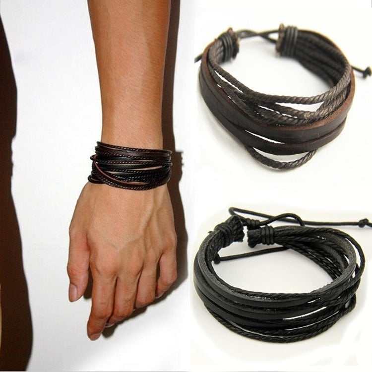 Pulseira Masculina Multicamadas em Couro Tecido à Mão com Amarração Artesanal